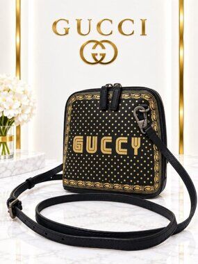 Authentic Gucci Guccy Sega Logo Black Gold Leather Crossbody Bag Vintage Style